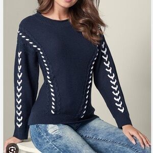 Venus Blue pullover sweater with white stitching size medium